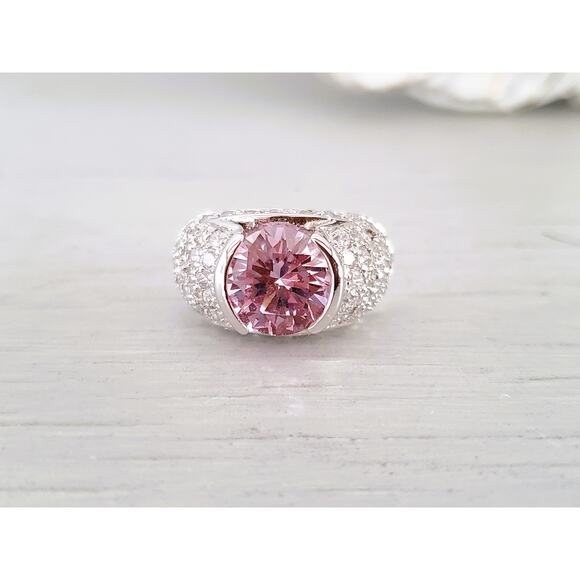 Sterling Silver Pink and Clear Crystal Zirconia Cocktail Ring - Picture 1 of 5